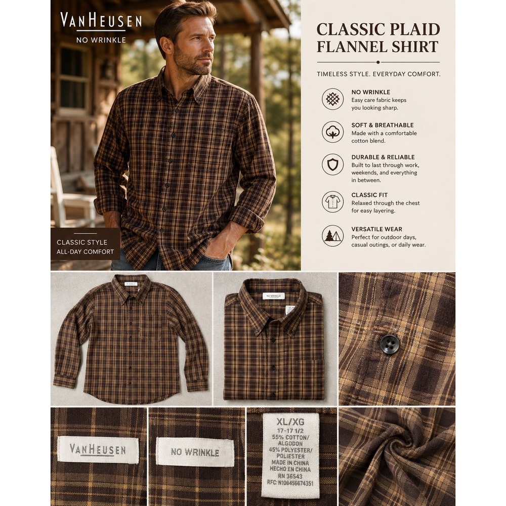 Van Heusen Mens XL Brown Plaid No Wrinkle Flannel Shirt Classic Fit Long Sleeve